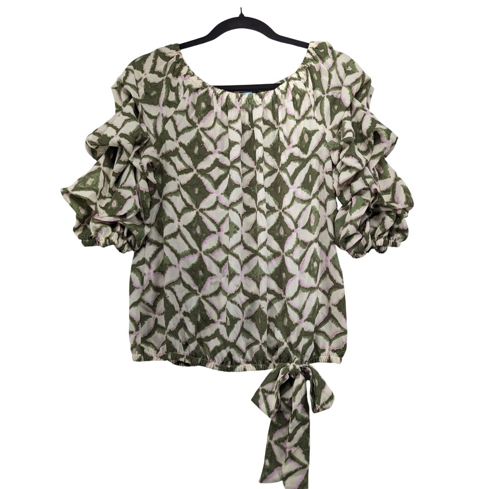 CeCe Green Pink Geometric Ikat Ruffle Tiered Sleeve Side Tie Blouse Small